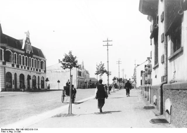 Tsingtau street scene with the studio building at the left.
